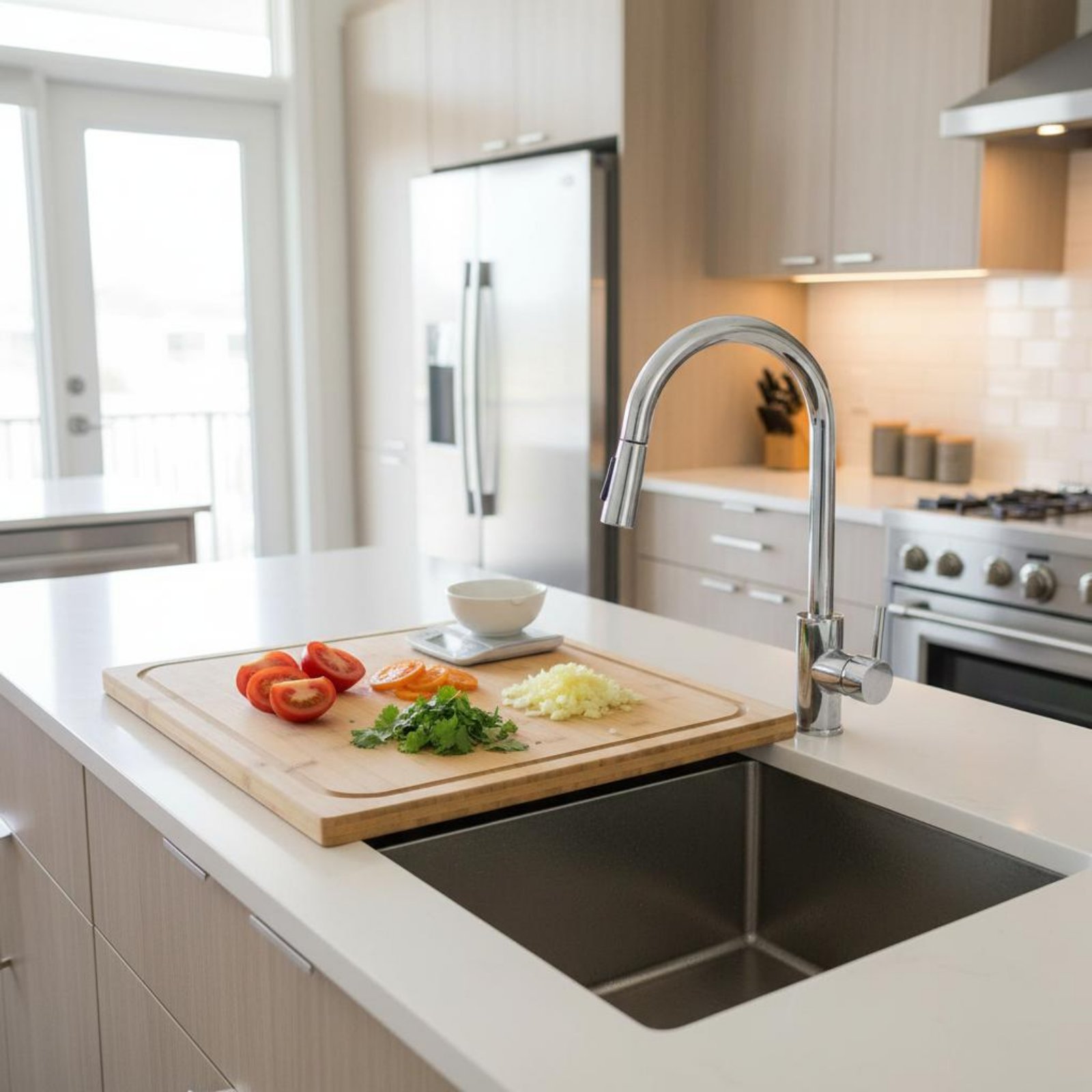 Snijplank boven de gootsteen,  - Bamboo Cutting Board recensie en prijs