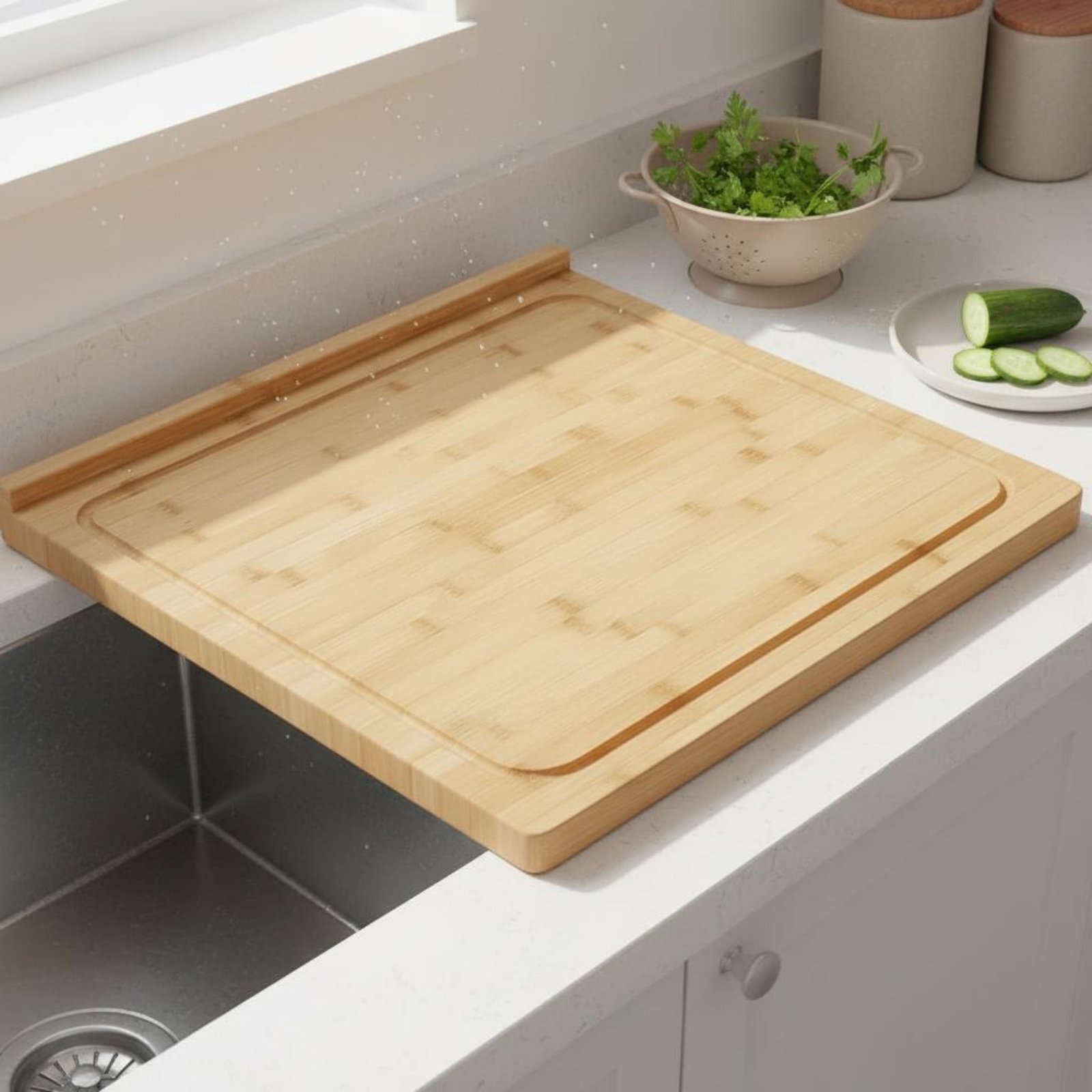 Snijplank boven de gootsteen,  - Bamboo Cutting Board recensie en prijs